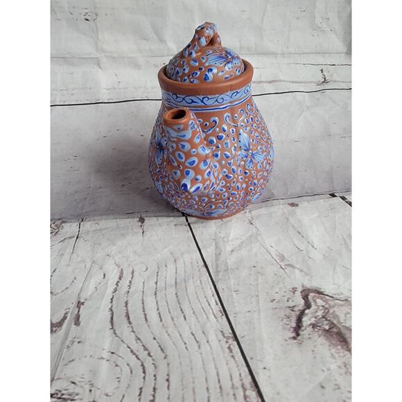 VTG Terra Cotta Clay Handmade Chinese Enamel Blue Butterflies Yixing Teapot 5 In - Picture 11 of 11
